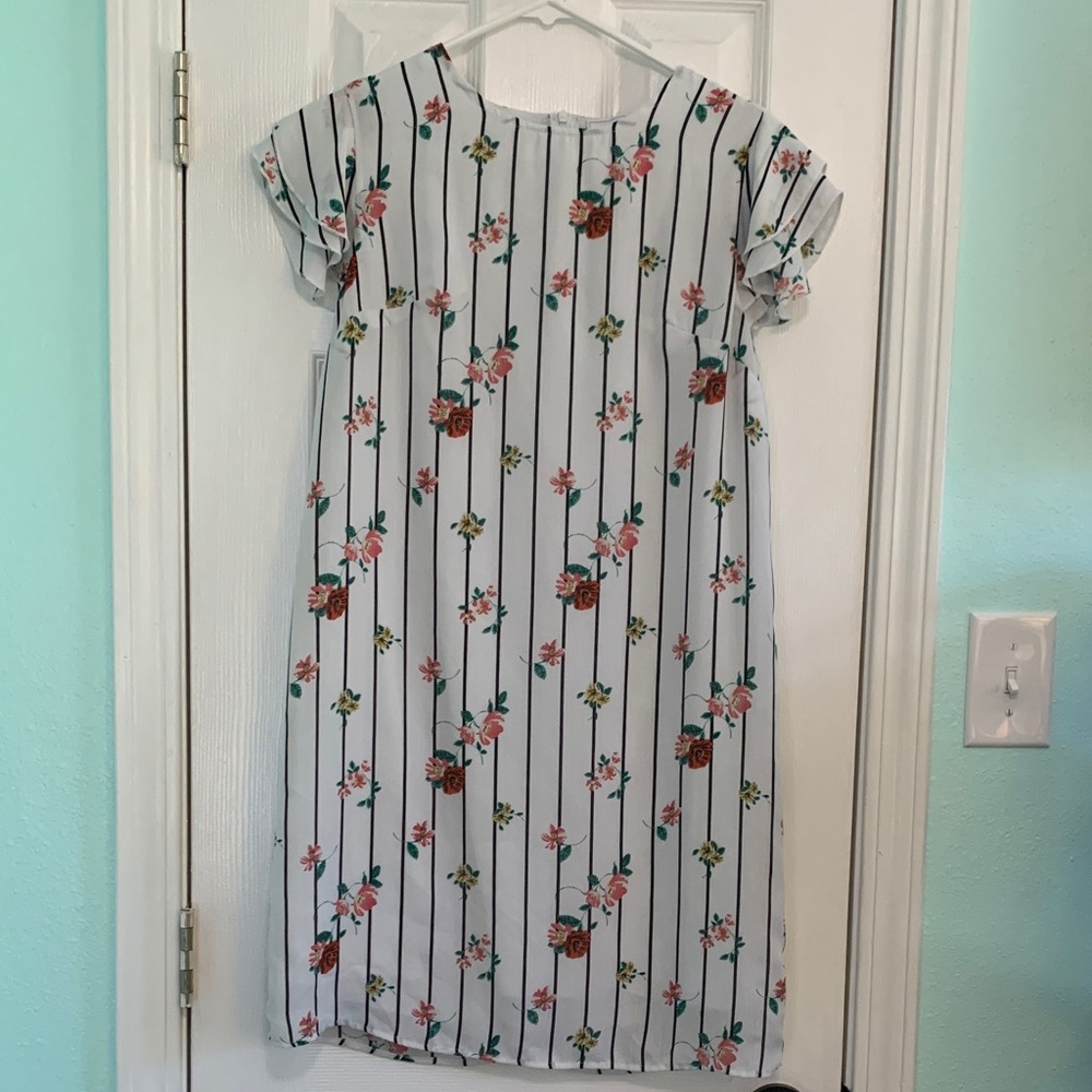 Ces Femme White dress, black stripes and floral print.  Midi length. Size small